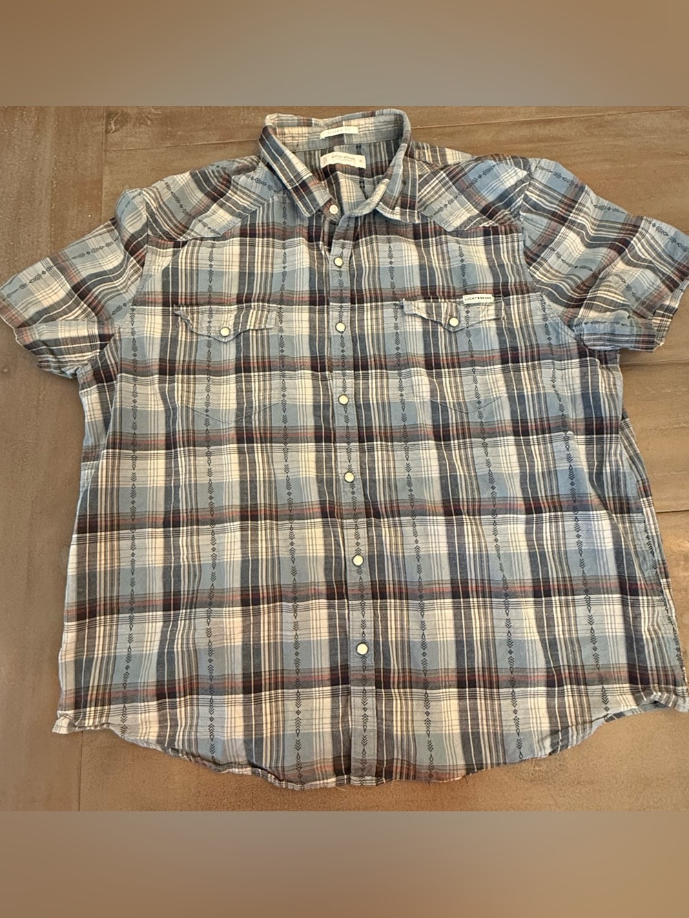Lucky Brand Men’s Shirt Pearl Snap Short Sleeve Blue Aztec Print Sz XL